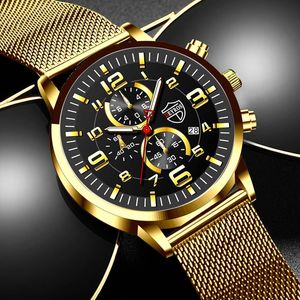 Orologi da polso Marca Moda Uomo Orologi d'oro Uomo Cinturino in maglia di acciaio inossidabile di lusso Orologio da polso al quarzo Uomo Business Cinturino in pelle casual