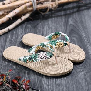 Slippers corda tecida chinelos lisos lisos de verão sandálias femininas fundo floral desgaste do estilo boho slides femininos de salto plano