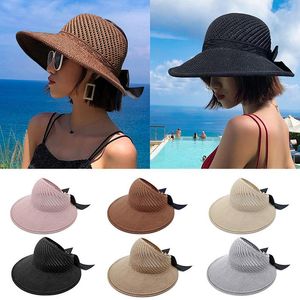 Szerokie brzegowe czapki 2023 Słoneczne kapelusz Summer Kobiety Visor UV Bow Bow Beach Yellow Ladies Sunhat Składany gorro