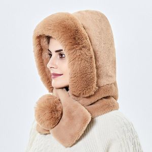 Beanies Beanie/Skull Caps 2023 Winter Women Knitted Fur Cashmere Neck Warm Cap Mask Set Hooded For Outdoor Ski Windproof Hat Thick Plush
