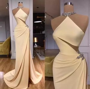 2022 Simple Elegant Halter Mermaid Sleeveless Long Prom Dresses High Split Hollow Out Sexy Backless Evening Gowns BC14928