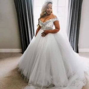 Plus Size African ASO EBI Ballkleid Brautkleider Schulterfrei Spitze Kristall Peals Kurze Ärmel Tüll Brautkleider Robe De Marriage