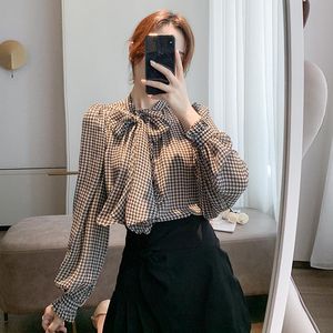 Women's Blouses Bow Tie Shirt Long Sleeve 2023 Autumn And Winter Temperament Houndstooth Fluttering Wide Loose Chiffon Top Blouse & Shirts