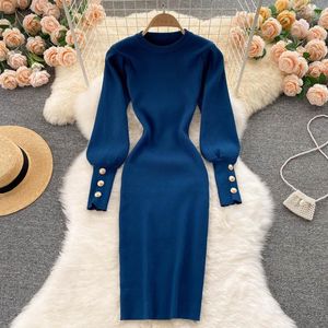 Casual Dresses Design Women's Autumn Puff Long Sleeve O-neck Knitted Solid Color Knee Length Sweater Dress Bodycon Tunic Pencil