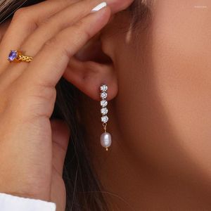 Stud Earrings Elegant Luxury 3A Zircon Stone Chain Natural Freshwater Pearl Earring Tarnish Free Steel Crystal Drop