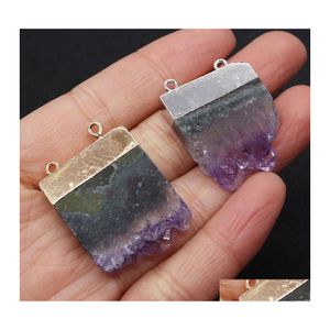 Pendant Necklaces Natural Stone Fashion Irregar Shape Double Hole Amethyst Gold Hanging Reiki Jewelry Earrings Necklace Drop Deliver Oto7X