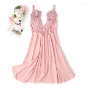 Women's Sleepwear Pink Lace Sleepdress Lady V-Neck Nightwear Summer Nightdress Satin Chemise Nightgown Female Mini Robe Dressing Gown