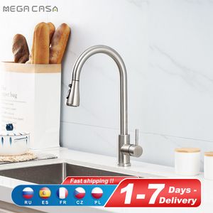 Kitchen Faucets Kitchen Faucets Brushed Nickel Pull Out Kitchen Sink Water Tap Deck Mounted Mixer Stream Sprayer Head Cold Taps Black Chrome 230114
