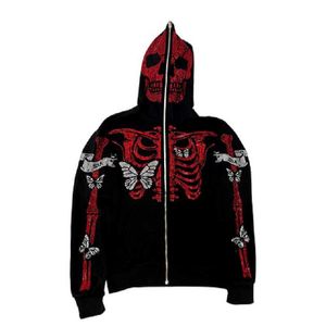 Men's Hoodies Sweatshirts Rhinestone Skeleton Butterfly Zip Hoodie Grunge Harajuku Female Streetwear zip Up Oversized clothes EMO vintage top jacket Punk 011623H