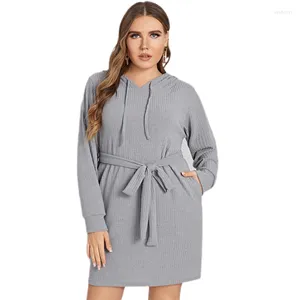 Sukienki w rozmiarze plus długie rękaw jesienne sukienki swobodne kobiety szare krawat krawat kieszenie pullover bluza z kapturem bluza