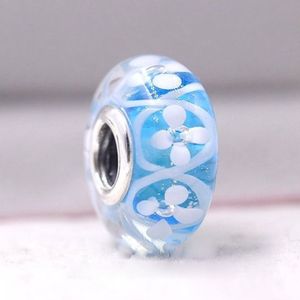 2pcs 925 Sterling Silver Blue Field of Flowers Murano Glass Beads Fit Pandora Charm Jewelry Bracelets & Necklaces