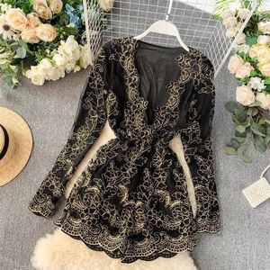 Women's Jumpsuits & Rompers 2023 Hollow Hook 3D Flower Lace V-neck Long-sleeved Waist-thin Wide-legged Playsuits Women Elegant Overalls J841