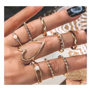 Band Rings Fashion Jewelry Faux Pearl Rhinstone Crown Hollow Love Ring Set Knuckle 9Pcs/Set Drop Delivery Dh0Ho