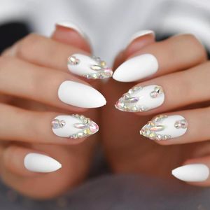 False Nails Diamond Almond Pure White Medium Nail Colorful Brilliant Design Tips Plastic Artificial Finger