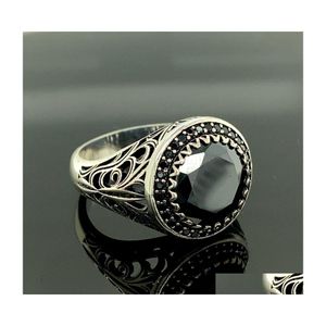 Cluster Rings Silber Herrenring aus schwarzem Stein, handgefertigt, inspiriert von der osmanischen Kunst. Drop-Delivery-Schmuck Dh8Nv