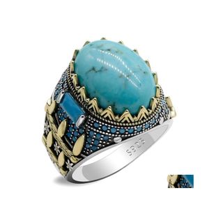 Klusterringar ovala naturliga turkos 925 sterling sier mens ring klo inställning design mode ädelsten smycken gåva droppe leverans dhcvn