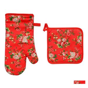 Oven Mitts Mitt 17X32Cm And Pot Holder 20X20Cm 2Pcs Set Red Flower Drop Delivery Home Garden Kitchen Dining Bar Bakeware Dhyuy