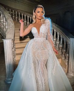 Lüks Denizkızı Gelinlik Bir Uzun Kollu V Boyun Boncuklu İnciler Sequines Resmi Elbiseler Çıkarılabilir Tren Gelin Gowns Plus Boyut Beesto de Novia Gelenek