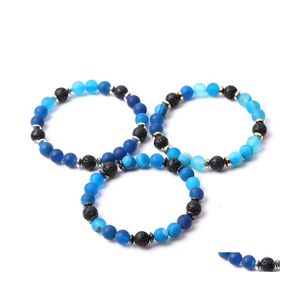 Beaded Strands 8Mm Matte Blue Stripe Agate Stone Beads Hematite Lava Strand Bracelets For Women Men Yoga Buddha Energy Jewelr Yummy Dhymh