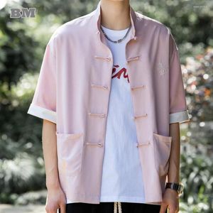 Camisas casuais masculinas estilo chinês Texto do verão Bordado de manga curta Men soltas Longe Tang Tang Surne Plus Tamanho Hanfu Top Roupas