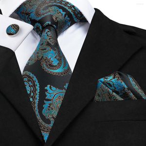 Bow Ties SN-1692 Hi-Tie Black Blue Paisley Mens Tie Formal Style Silk Jacquard Woven Pocket Square Cufflinks Set For Business Party