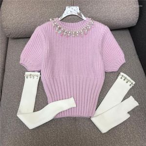 여자 스웨터 중장기 구슬 핑크 짧은 슬리브 니트 티셔츠 여자 니트웨어 2023 스프링 하이 허리 스웨터 Raglan