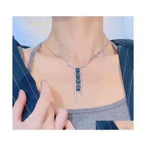 Pendant Necklaces High Quality Asymmetry Necklace Inlay Blue Round Zircon Temperament Geometry Jewelry For Women Wedding Engagementp Dhv2M