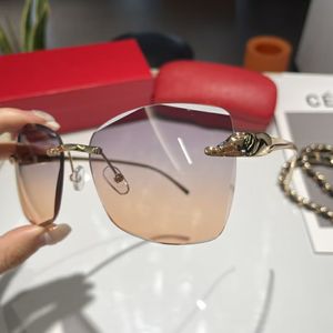 Designer-Sonnenbrille für Herren mit Leopardenkopf, zusammengesetztes Metall, randloser optischer Rahmen, klassisches Rechteck, quadratisch, Luxus-Gold-Sonnenschutz-Sonnenbrille, Autorahmenbrille