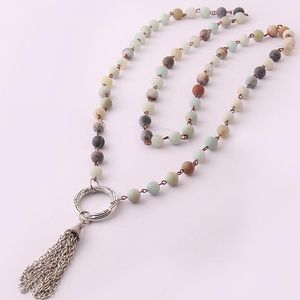 Hänge halsband Fashion Frosted Amazonite Stones Rosary Chain Circle Metal Tassel Mala halsband Handgjorda kvinnor smycken