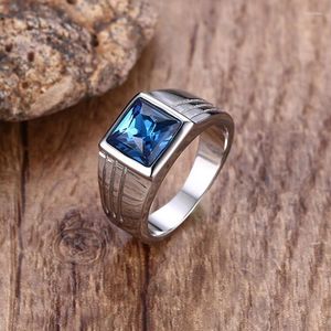 Cluster Rings Stylish Men Signet Stainless Steel Statement Ring With Rectangle Blue Stone Anel Masculino