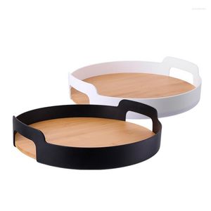 Plates Multifunctional Bamboo Fruit Tray Round Storage Basket With Wooden Handle Bread Cake Plate Serving For Home