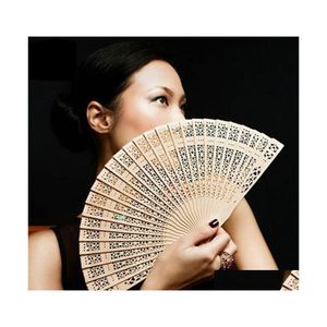 Party Favor Personalized Sandalwood Hand Fan Decoration Gift Graved Wood OpenWork Folding Handheld Fans Wedding Baby Shower Favo Dhjjh