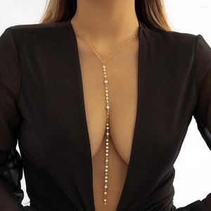 Pendant Necklaces Sexy Kpop Long Tassel Chest Chain Necklace Women Collares Statement Crystal Sequin Pearl Choker Aesthetic Goth Jewelry