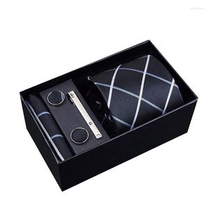 Laço laços de seda 8cm Men Tie Set Moda Paisley Jacquard HandkerchiefCufflinksclip Box Box Wedding Business Cocondtie