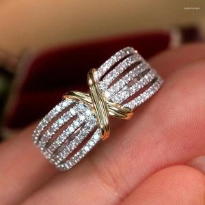 Hochzeit Ringe Glänzender Kristall Zirkonia Ring Einfache X-Form Silber Farbe Für Frauen Verlobungsfeier Zubehör Schmuck 2023