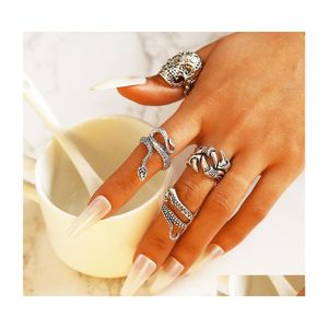Кольцевые кольца модные ювелирные ювелирные украшения набор кольца Retro Sier Sier скелет осьминог Snake Punk Stacking Midi Sets 4pcs/Set Drop Delivery Dh6pe