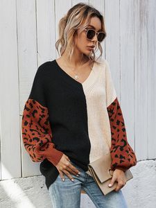 Kadın Sweaters Yüksek Kaliteli Kadın Kız Kış Tam Kollu Kazak V Boyun Patchwork Leopar Sıradan Gevşek Sevimli Örgü Dış Giyim