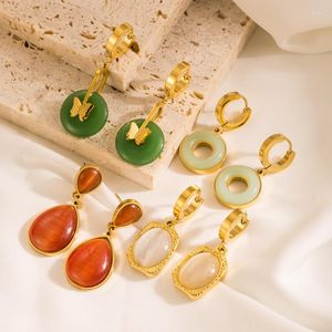 Hoop Earrings Minar INS Green Resin Opal Round Water Drop Butterfly For Women 18K Gold Plated Titanium Steel Pendant Earring