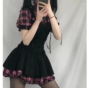 Casual Dresses Coolfel Summer For Women Plaid kawaii rosa kläder Kort ärm rem midi klänning lolita harajuku cottageecore mantel y2k