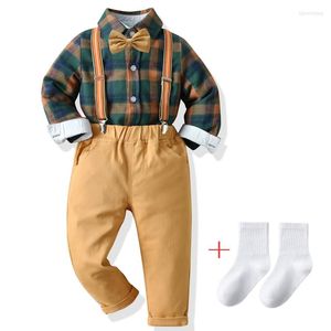 Clothing Sets Fashion Plaid Baby Boy Gentleman Suit Shirt With Bowtie Suspender Trousers Birthday Party Handsome Kids Boys