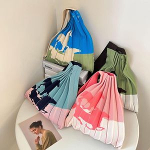 Evening Bags Chic Stitching Pleated Foldable Knitted Cartoon Printing Western-Style High-Quality Women Shoulder Shopping Tote Handbag