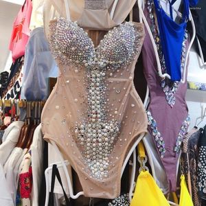 Scenkläder 2023 Sexig färgglada fransar Rhinestones Bodysuit Women Dance Costume Nightclub Female Singer Show Bright Leotard