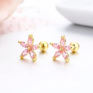 Stud Earrings 7Colors Cute Five Petals CZ Stone Flower Screw Back For Women Kids Girls Gold Color Piercing Jewelry Aros Kolczyki