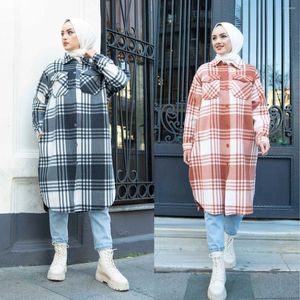 Ethnic Clothing Checkered Tunic Shirt With Pockets Buttoned Slit Women Fashion Muslim Hijab Turkey Istanbul Islam Dubai Casual Sports