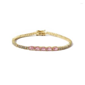 Link Armbänder Hip Hop Rosa Oval CZ Stein Gepflastert Bling Iced Out 2mm Tennis Kette Für Männer Frauen Rapper schmuck Gold Silber Farbe