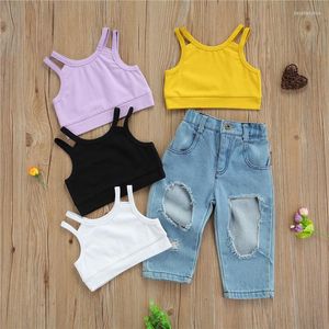 Clothing Sets 2023 2 Piece Set Baby Fashion Solid Color Camisole High-waisted Ripped Jeans Sexy Navel Summer Clothes For Girls 1-7 Years