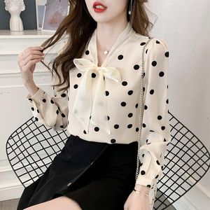 Blusas femininas elegantes camisa de bolinhas de moda de moda 2023 coreana ol tops slim bowknotnot fita de manga longa blusa de chiffon