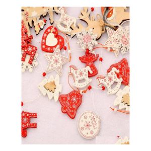 Christmas Decorations 12Pcs/Box Snowflake Reindeer Wooden Pendants Tree Hanging Ornaments For Home Kids Gift Noel Navidad Drop Deliv Dh5Tq