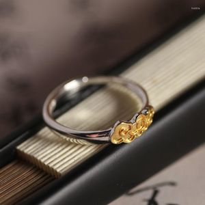 Cluster Rings S925 Sterling Silver Ring Retro Auspicious Clouds Gold-plated Glossy Opening Original Design Couple Chinese Style