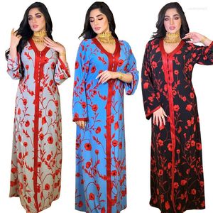 Ethnic Clothing Middle East Graceful Women Robe Abaya Saudi Arabia Dress Jalabiya Floral Printed Long Sleeves Party Maxi Gown 2023